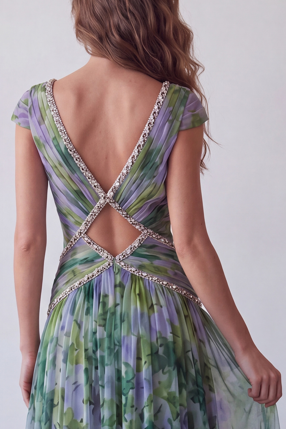 Dusty Sage Floral V-Neck Ruched A Line Long Wedding Guest Dress with Beading