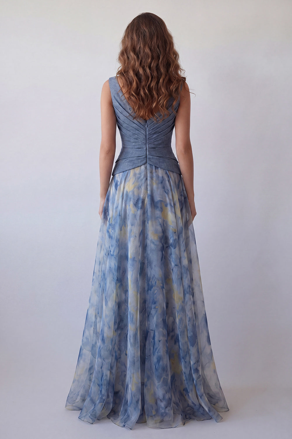 Dusty Blue V-Neck Ruched Floral A Line Long Wedding Guest Dress with 3D Flower