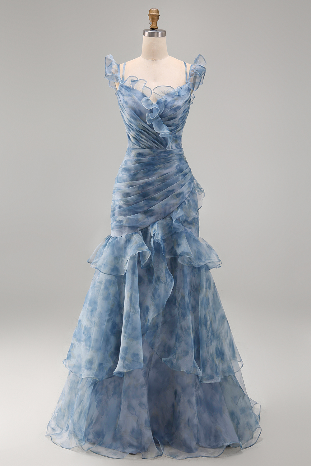 Dusty Blue V-Neck Mermaid Floral Ruched Long Wedding Guest Dress with Ruffles