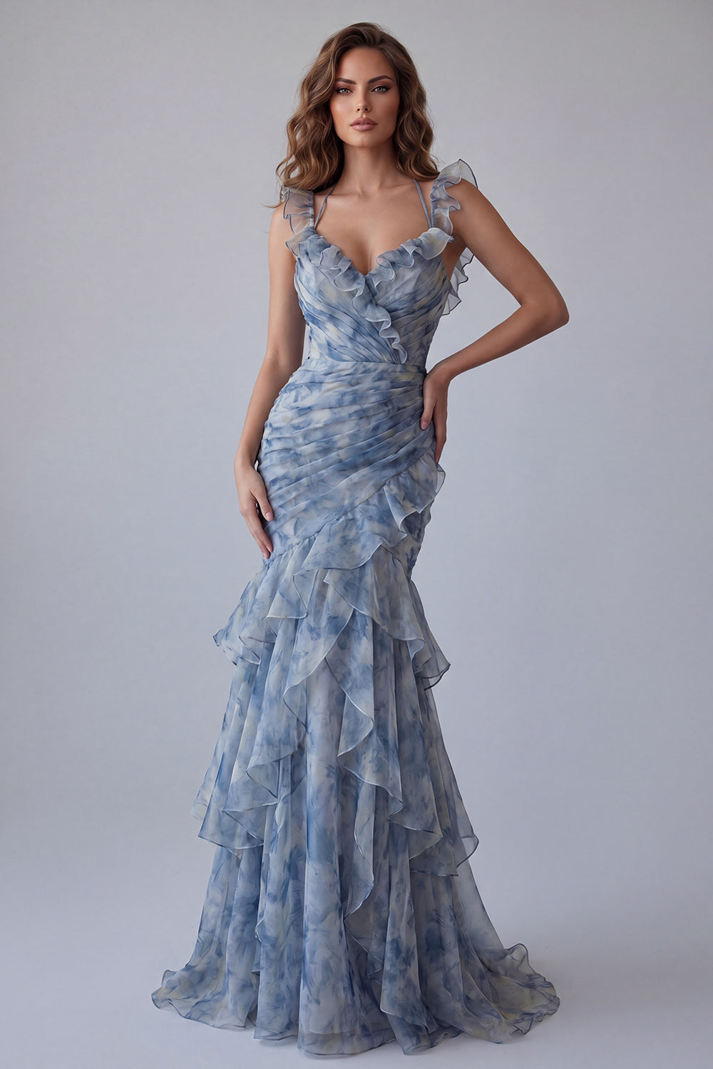 Dusty Blue V-Neck Mermaid Floral Ruched Long Wedding Guest Dress with Ruffles
