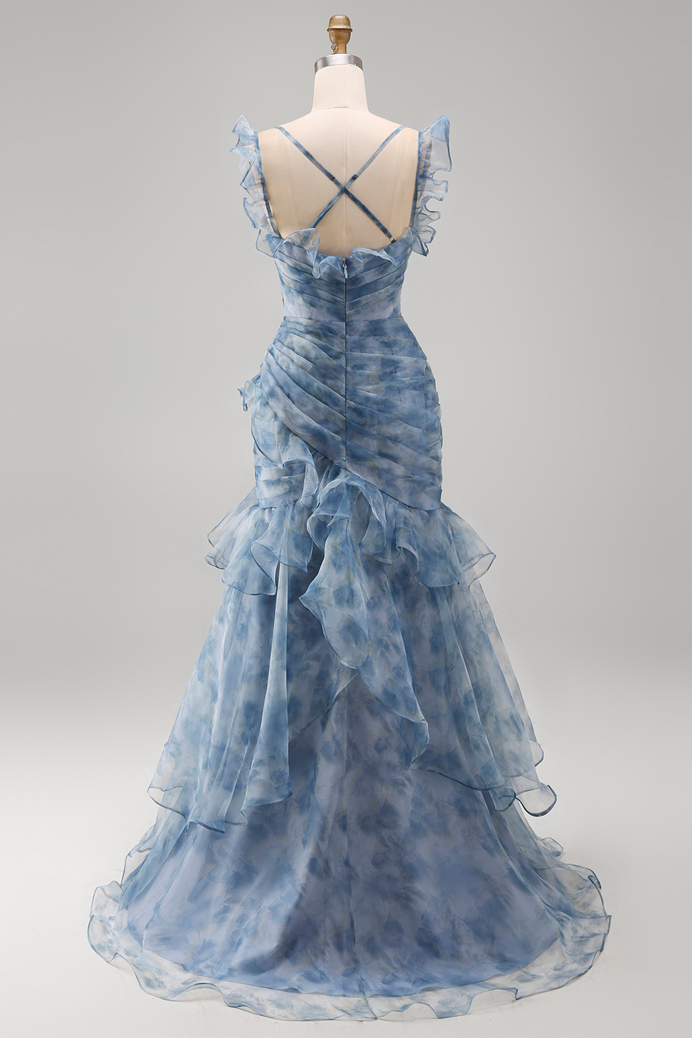 Dusty Blue V-Neck Mermaid Floral Ruched Long Wedding Guest Dress with Ruffles