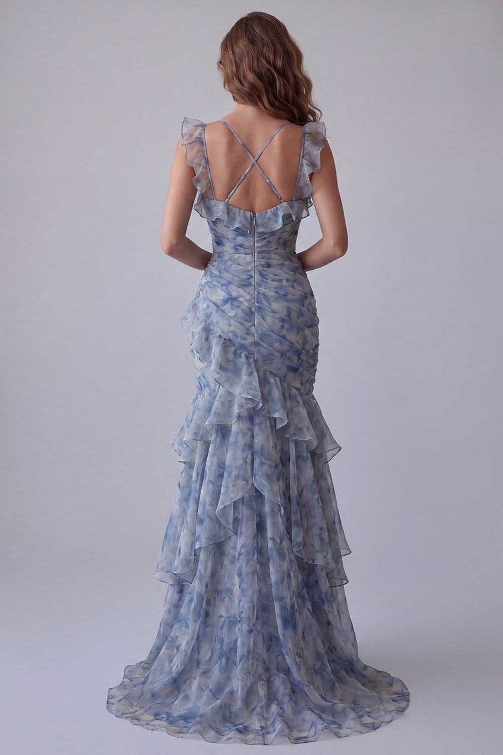 Dusty Blue V-Neck Mermaid Floral Ruched Long Wedding Guest Dress with Ruffles