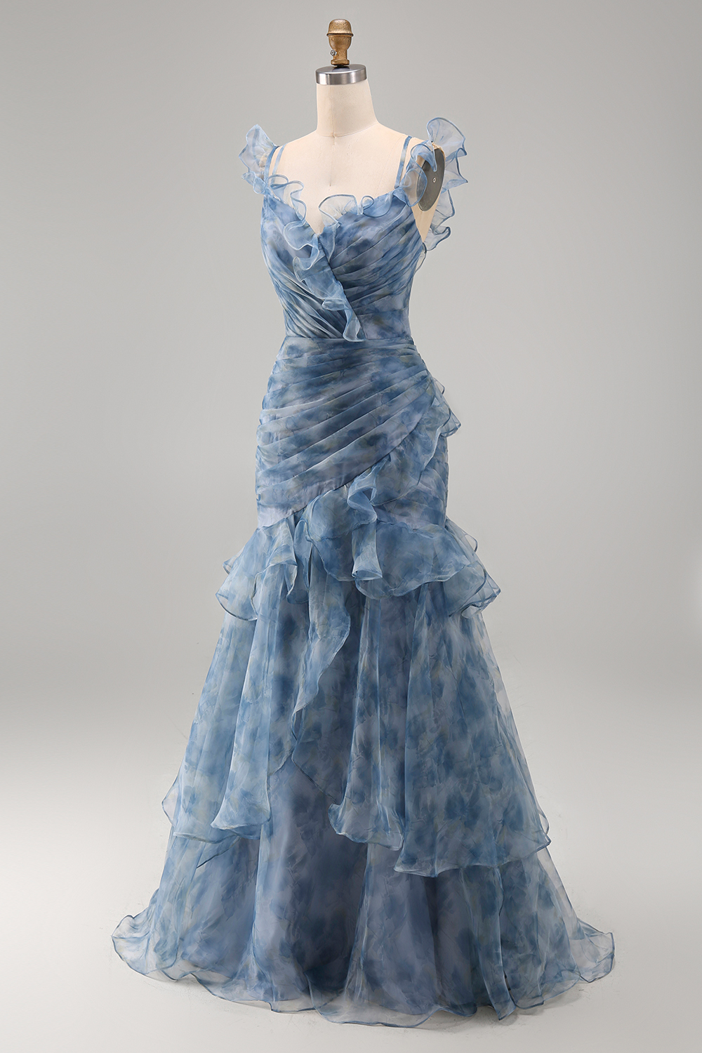 Dusty Blue V-Neck Mermaid Floral Ruched Long Wedding Guest Dress with Ruffles