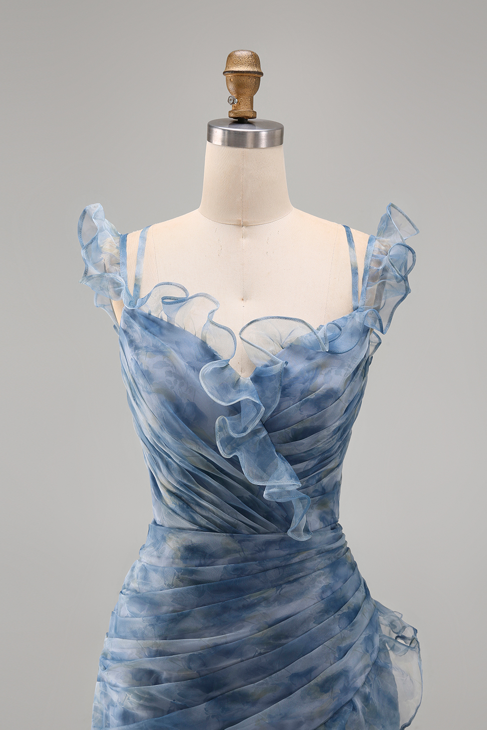 Dusty Blue V-Neck Mermaid Floral Ruched Long Wedding Guest Dress with Ruffles