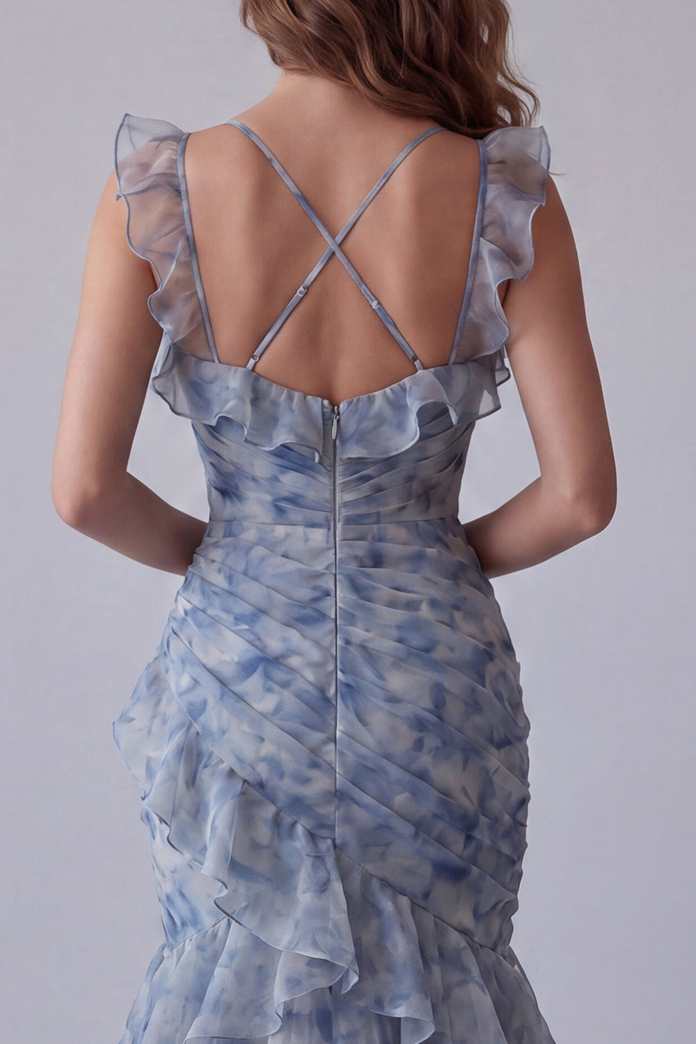 Dusty Blue V-Neck Mermaid Floral Ruched Long Wedding Guest Dress with Ruffles