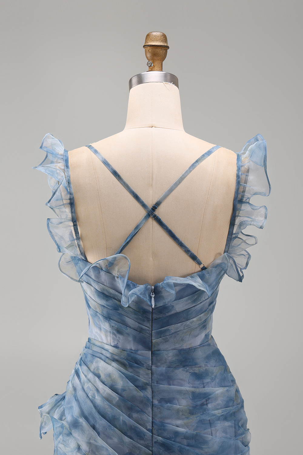 Dusty Blue V-Neck Mermaid Floral Ruched Long Wedding Guest Dress with Ruffles