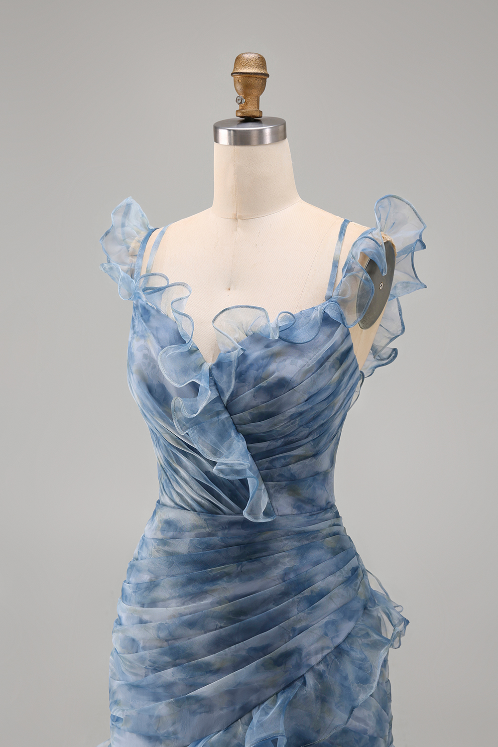 Dusty Blue V-Neck Mermaid Floral Ruched Long Wedding Guest Dress with Ruffles