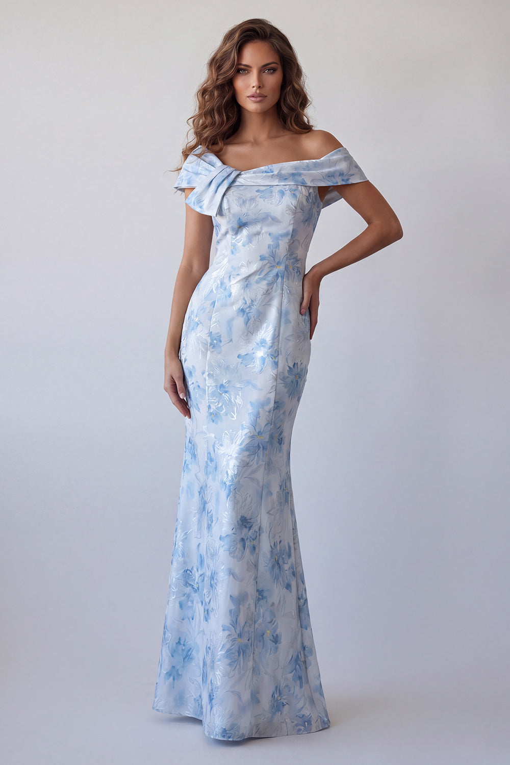 Sky Blue Floral Off the Shoulder Long Mermaid Wedding Guest Dress
