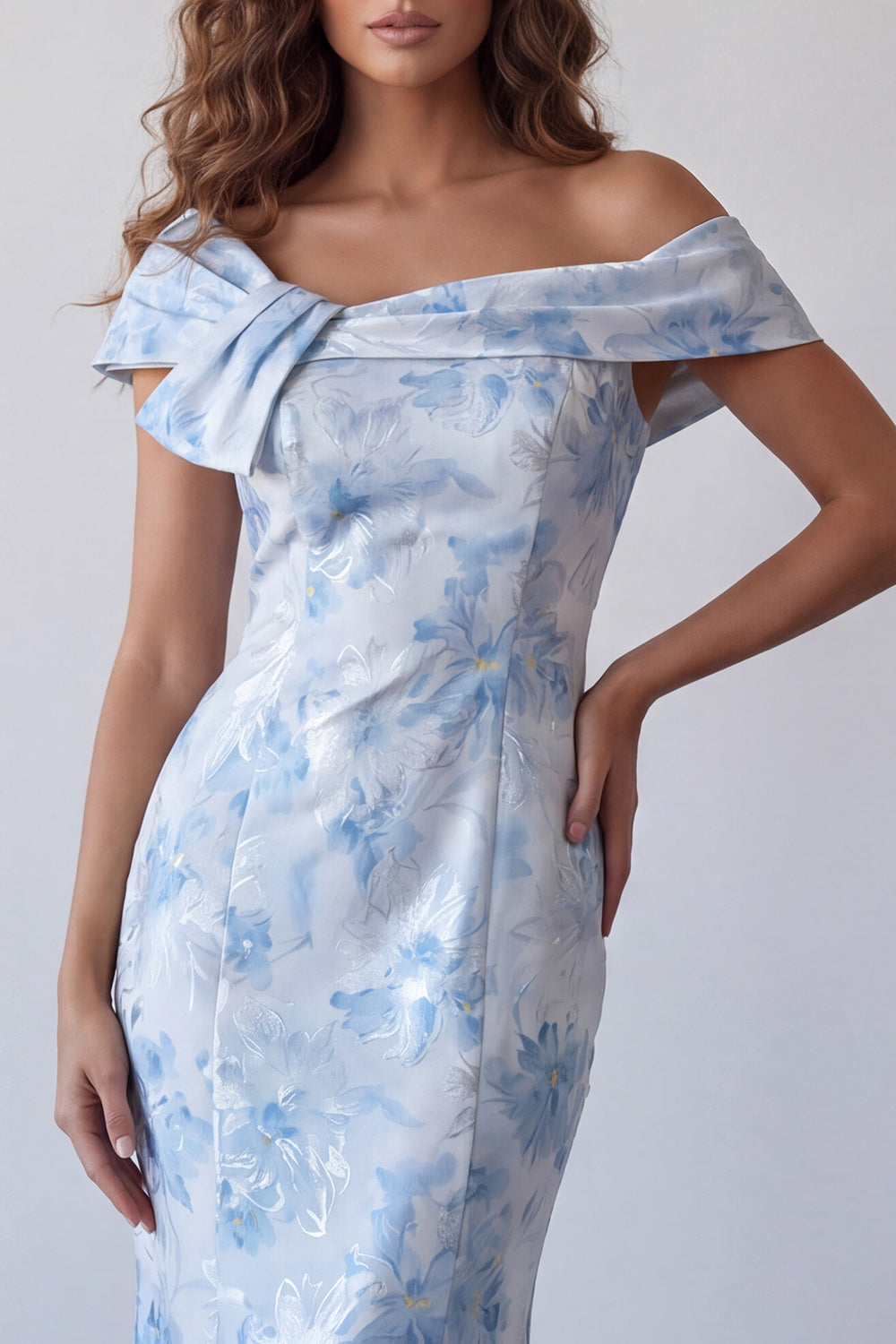 Sky Blue Floral Off the Shoulder Long Mermaid Wedding Guest Dress