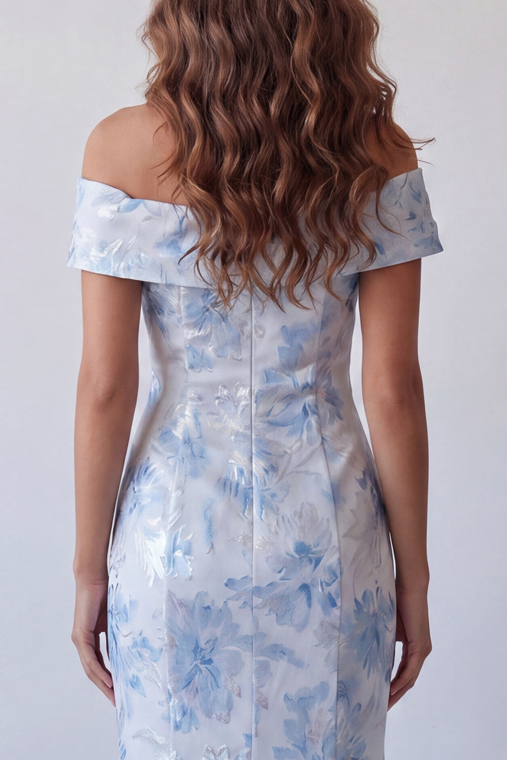 Sky Blue Floral Off the Shoulder Long Mermaid Wedding Guest Dress