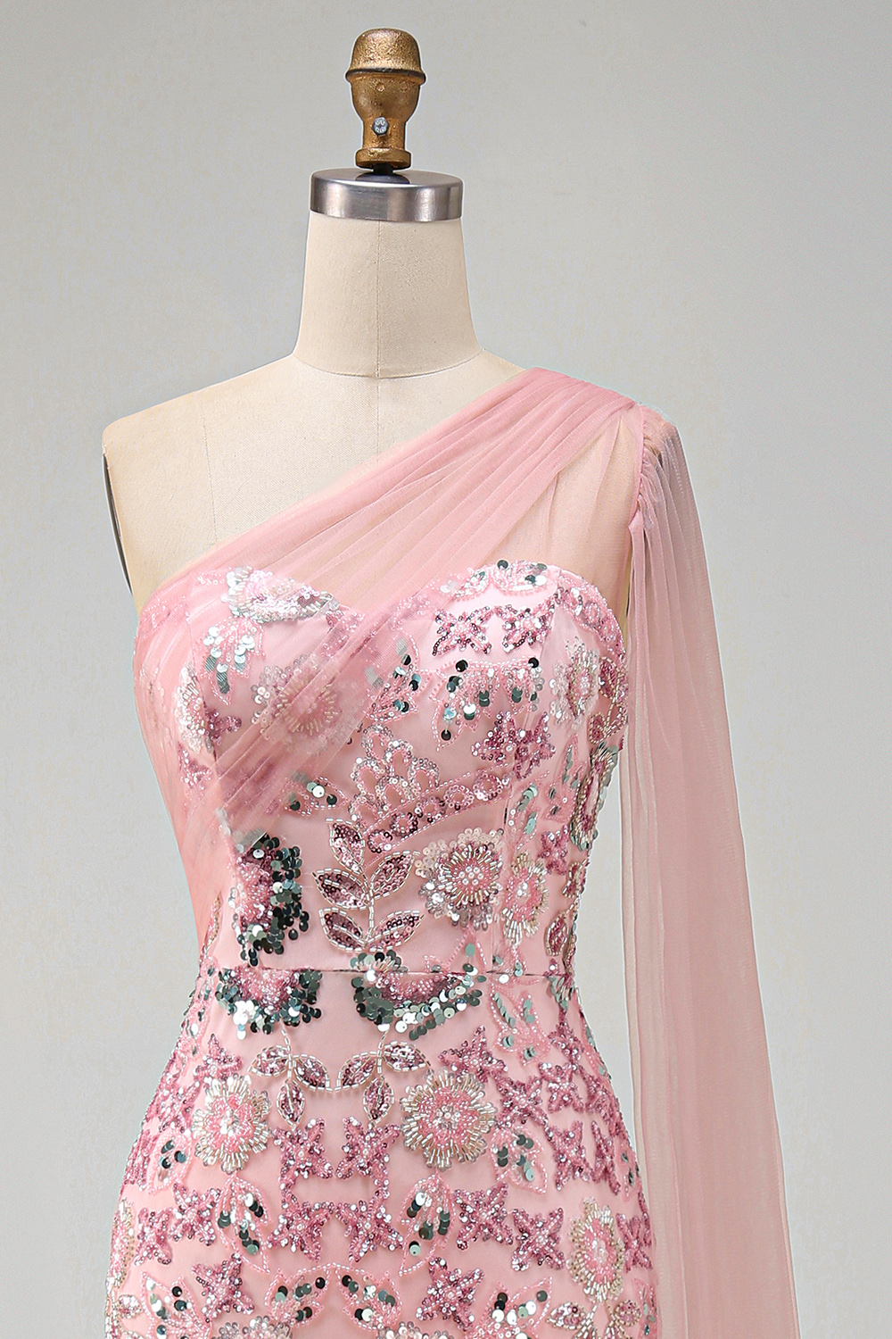 Sparkly Pink Mermaid Beaded Long Mother of the Bride Dress with Side Cape