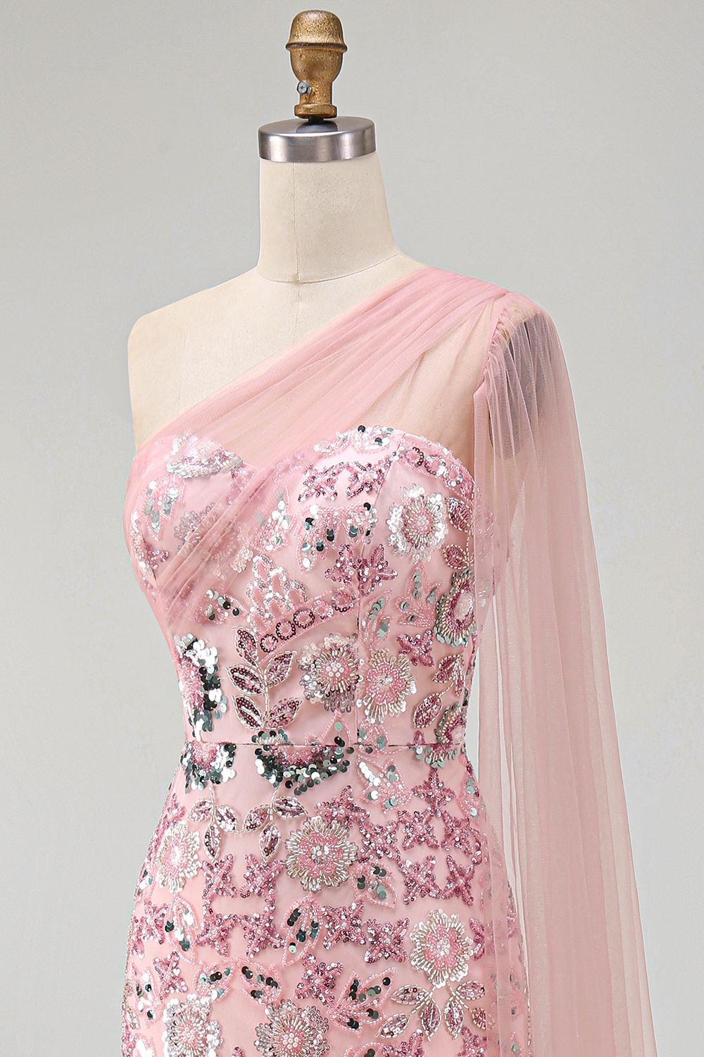 Sparkly Pink Mermaid Beaded Long Mother of the Bride Dress with Side Cape