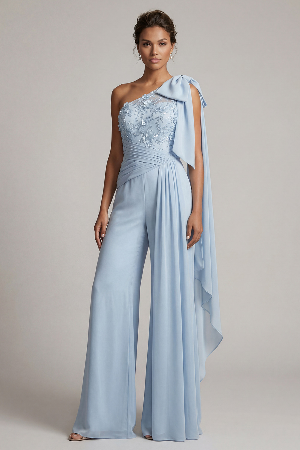 Ruffled Sky Blue Floral One Shoulder Long Mother of the Bride Pantsuits with Lace