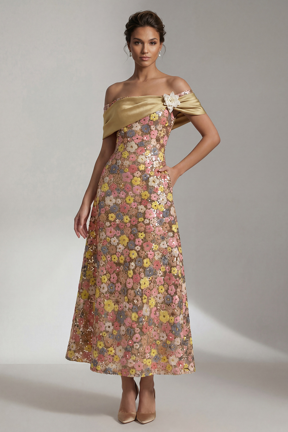 Sparkly Yellow Off the Shoulder A Line Long Mother of the Bride Dress with 3D Flower