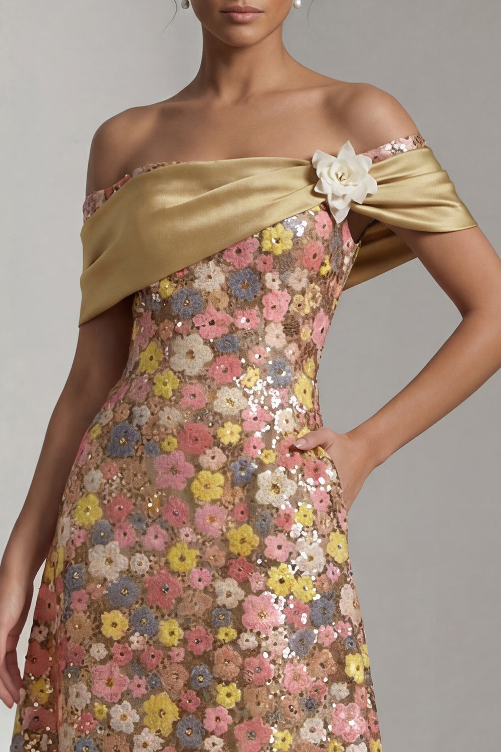 Sparkly Yellow Off the Shoulder A Line Long Mother of the Bride Dress with 3D Flower