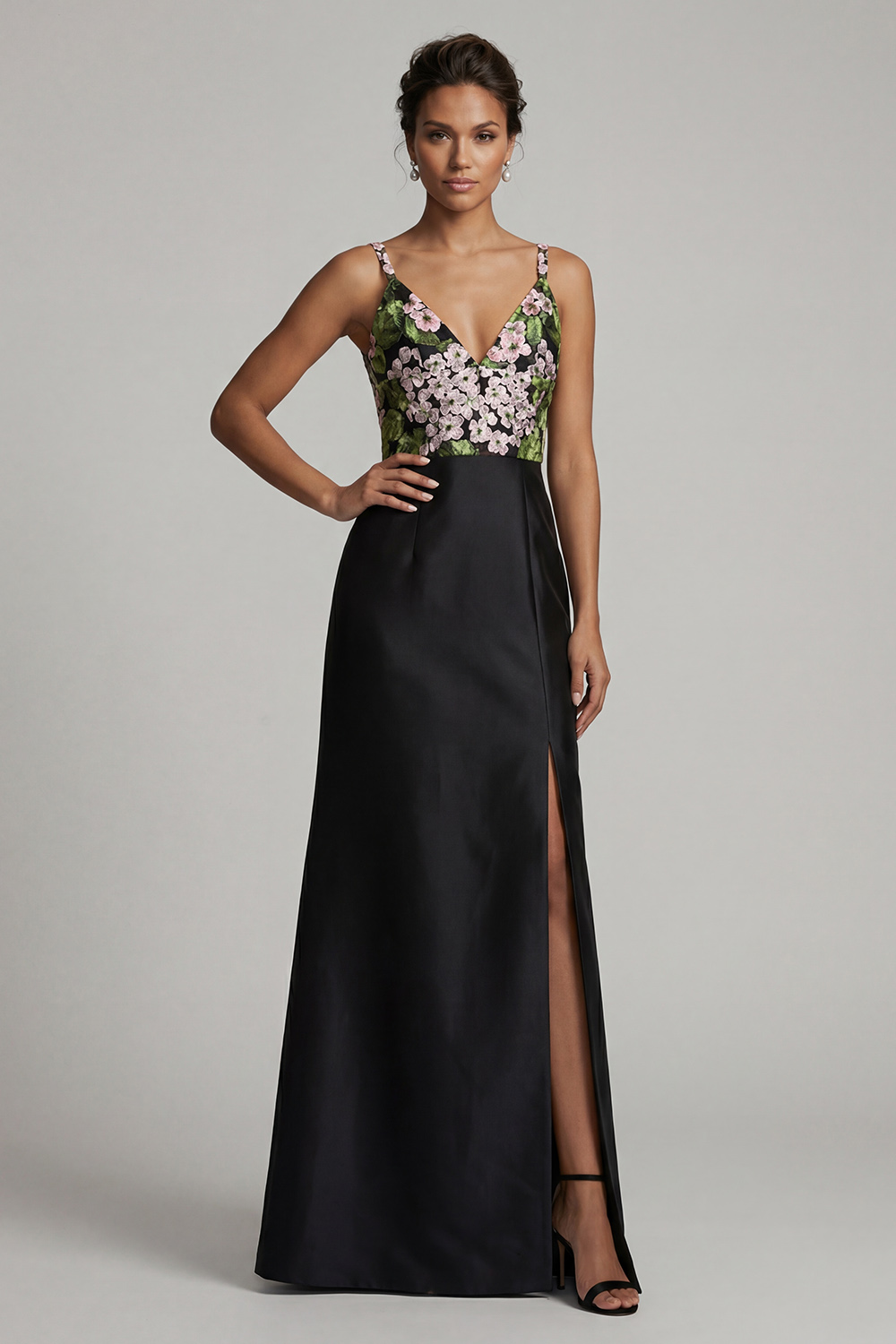 Black Floral V-Neck Long Mother of the Bride Dress with Slit