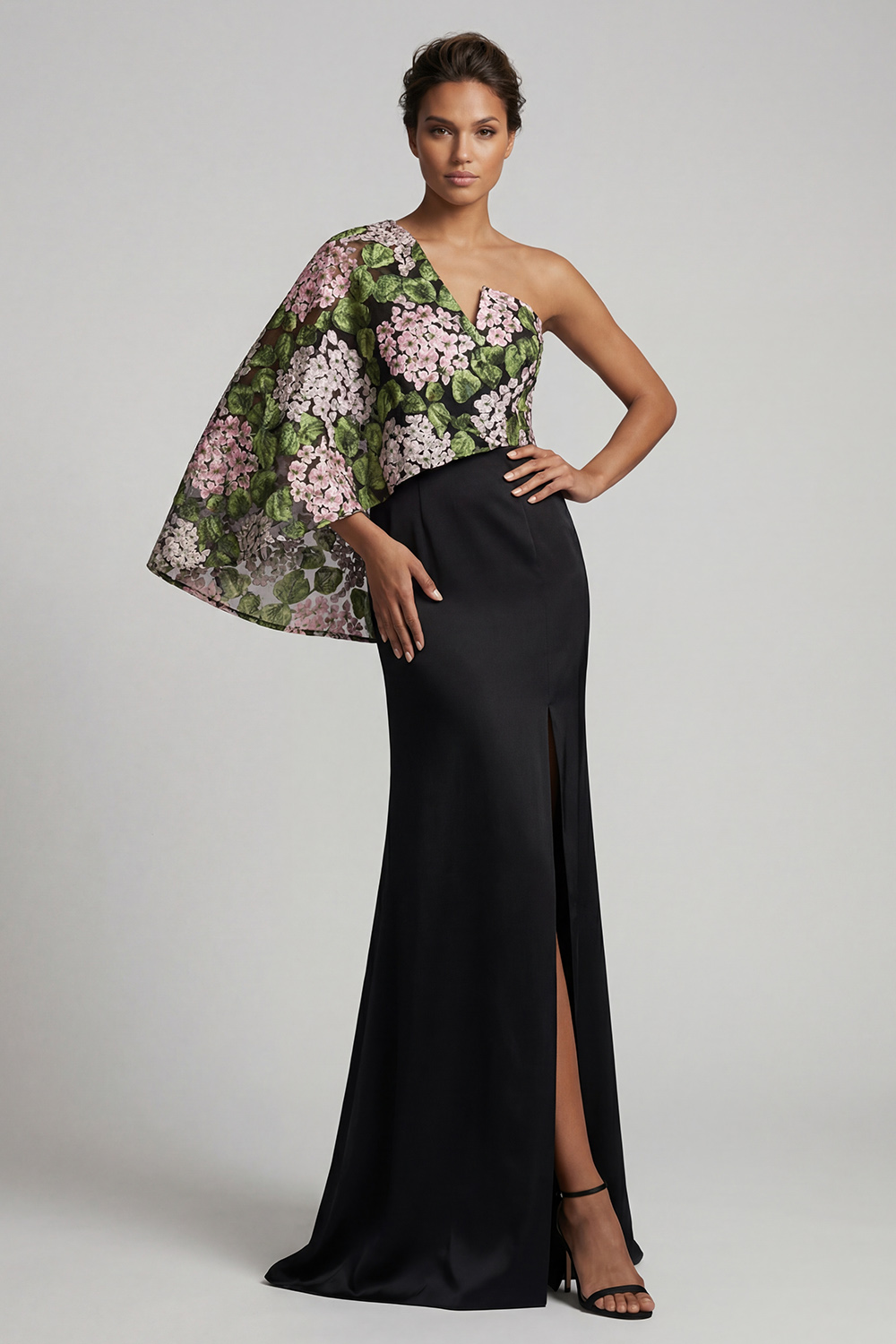 Black Floral Mermaid Long Mother of the Bride Dress with Side Cape