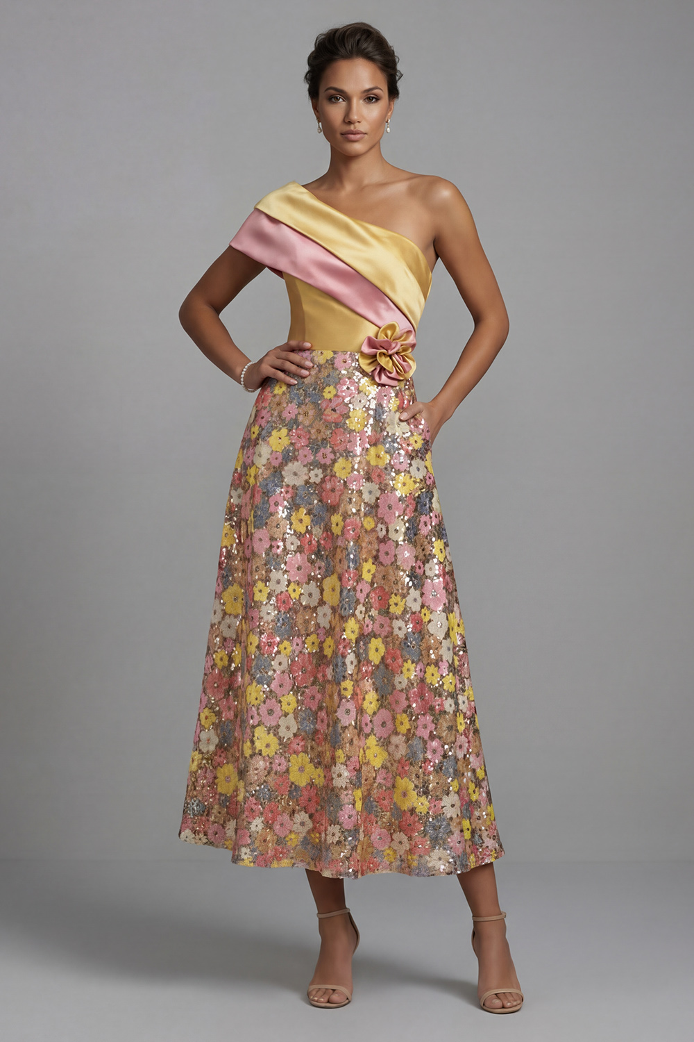 Sparkly Yellow One Shoulder Floral A Line Long Mother of the Bride Dress with Pockets