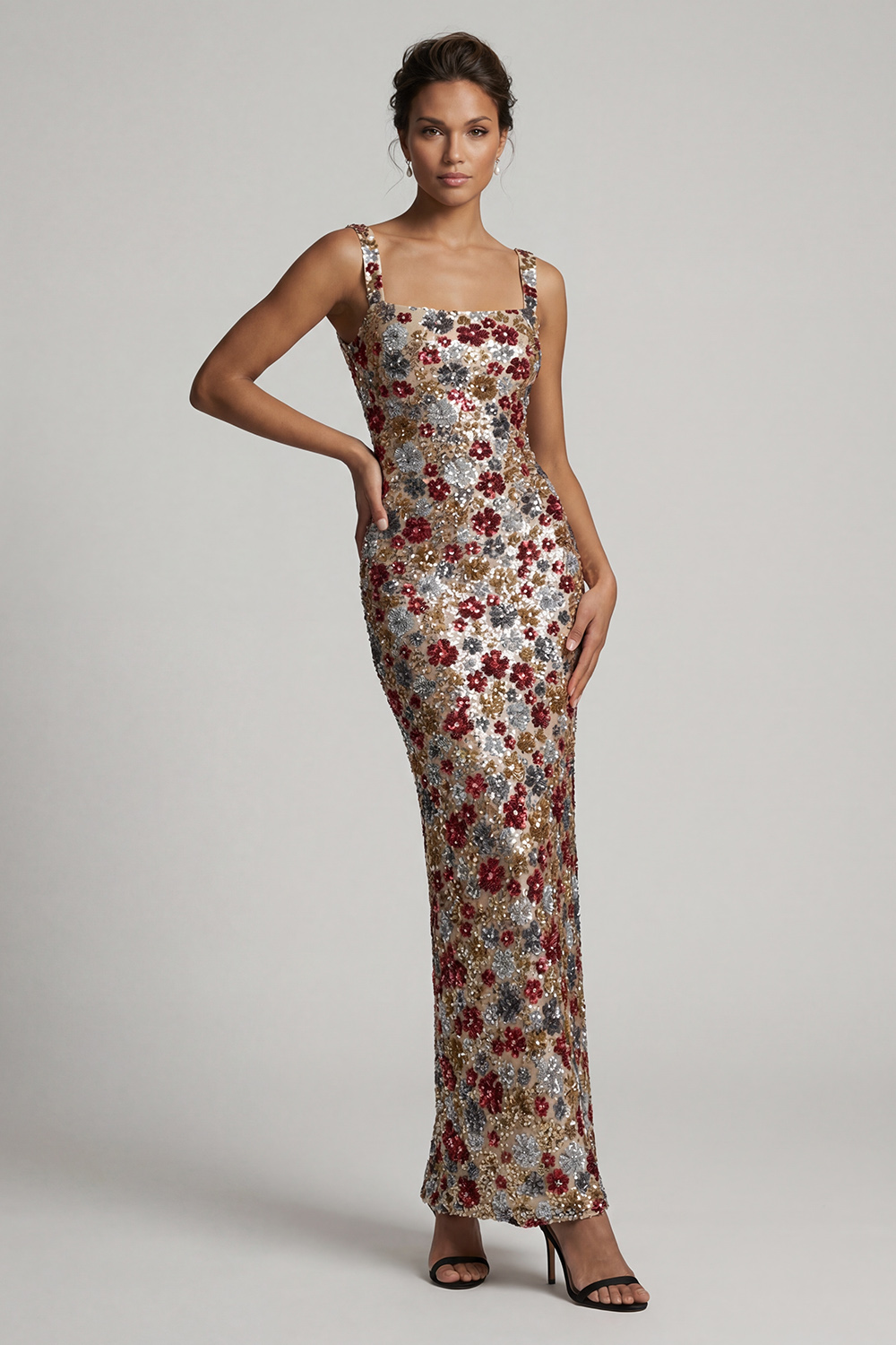 Sparkly Red Sequin Square Neck Floral Mermaid Long Mother of the Bride Dress