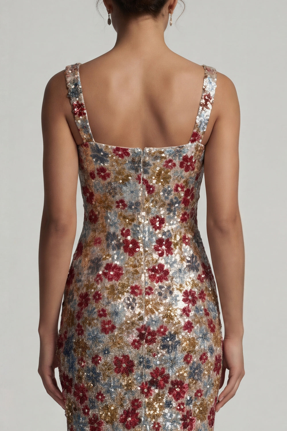 Sparkly Red Sequin Square Neck Floral Mermaid Long Mother of the Bride Dress