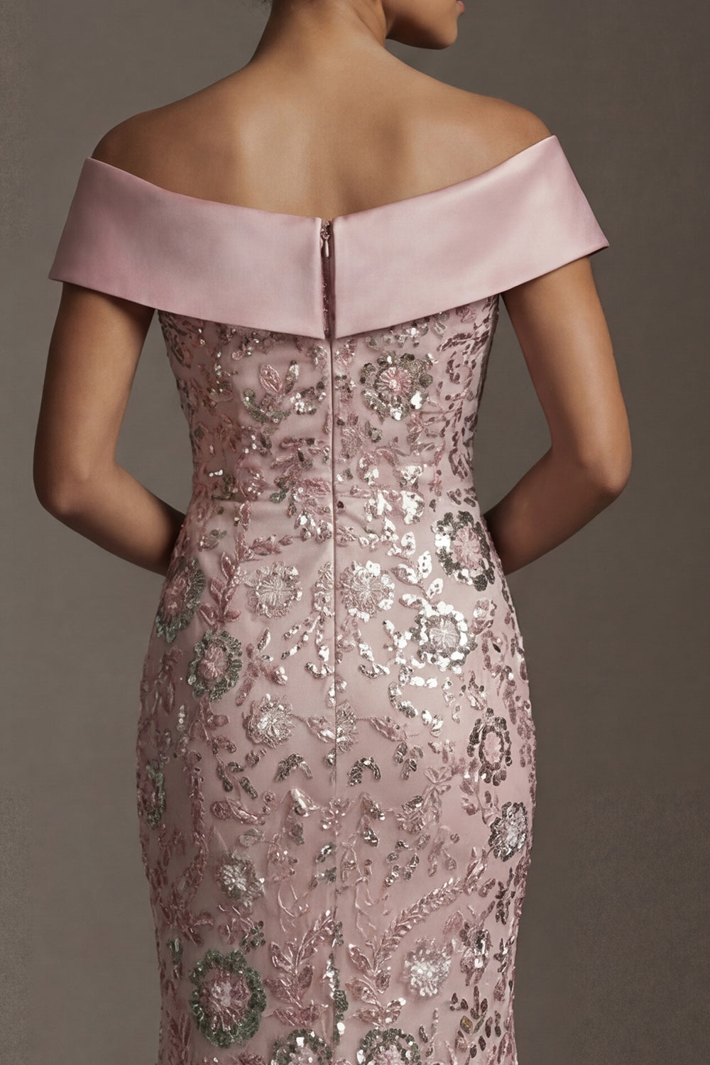 Sparkly Pink Long Off the Shoulder Mermaid Beaded Mother of the Bride Dress