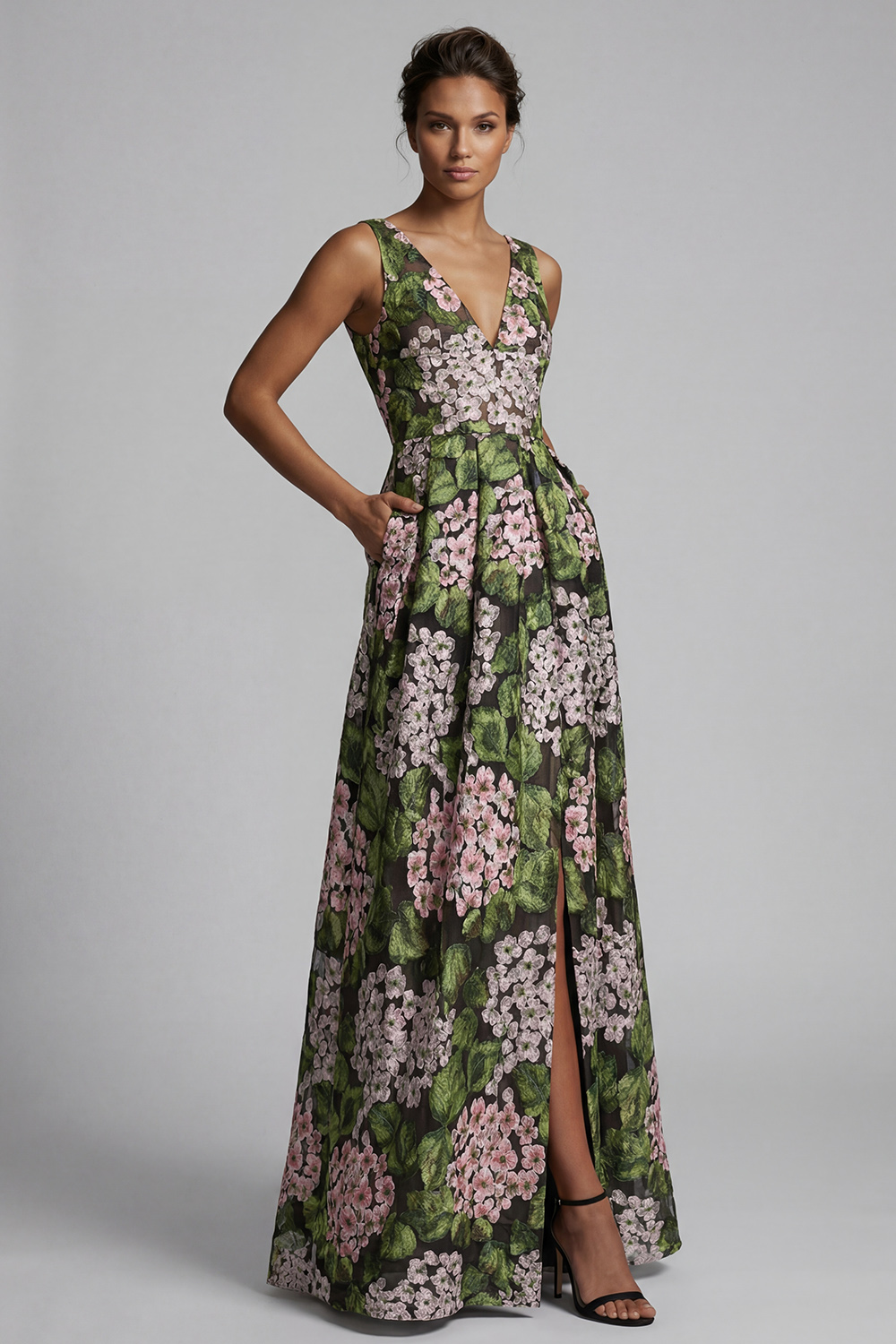 Floral Dark Green V-Neck Long A Line Mother of the Bride Dress with Pockets