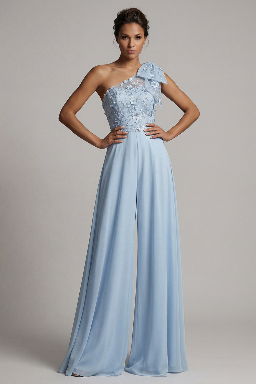 Sky Blue Floral One Shoulder Long Mother of the Bride Pantsuits with Bow