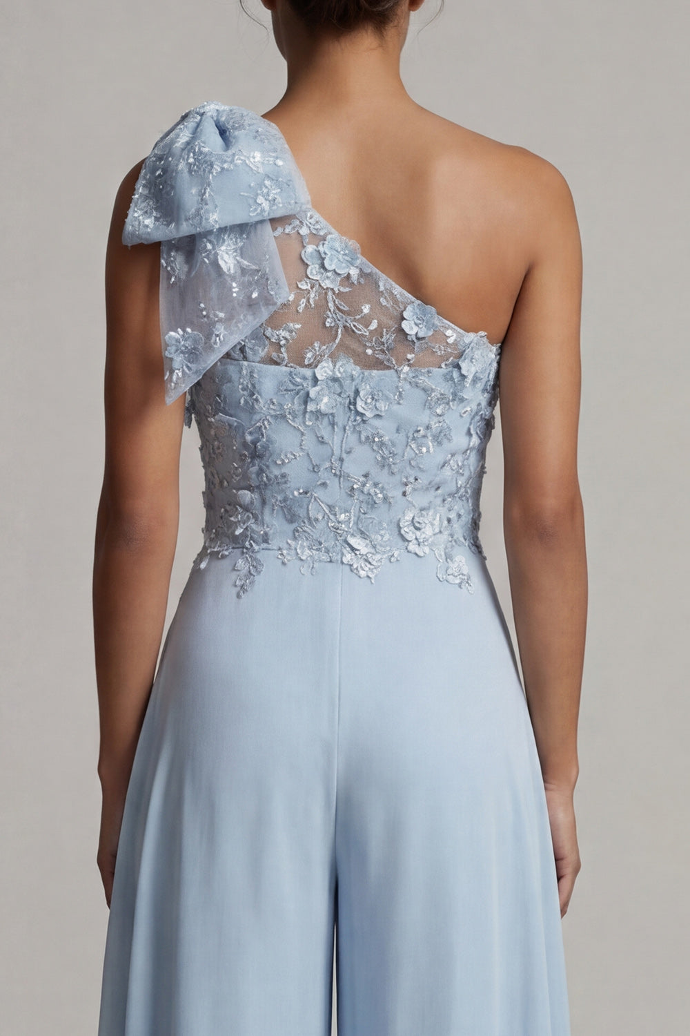 Sky Blue Floral One Shoulder Long Mother of the Bride Pantsuits with Bow