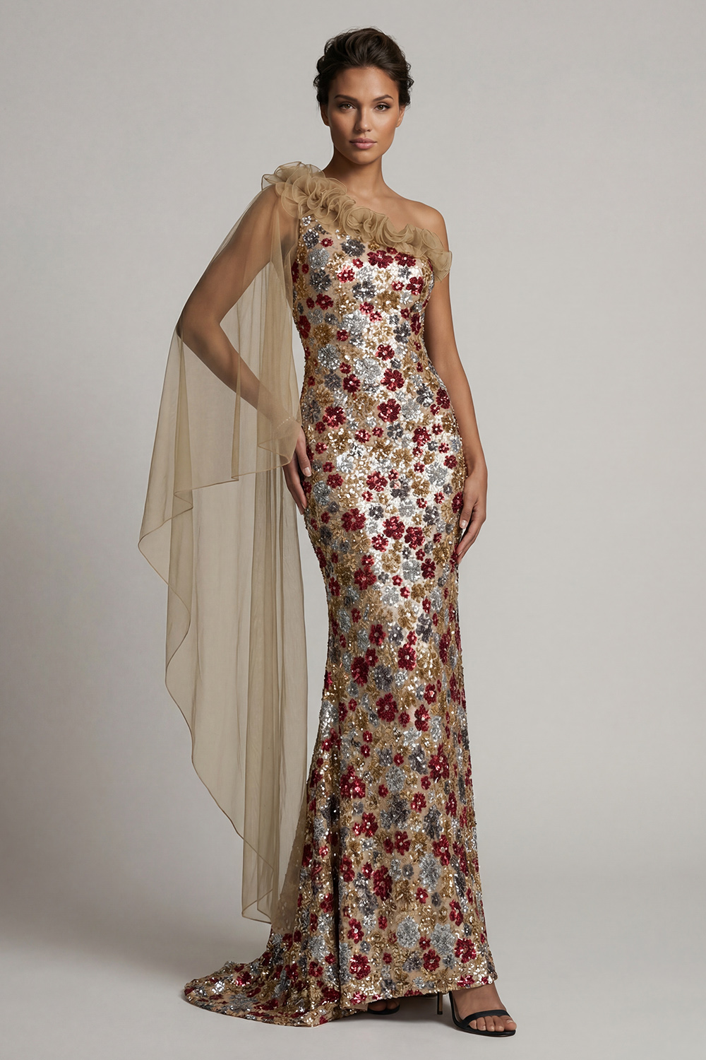 Sparkly Red Ruffled Sequin Floral Mermaid Long Mother of the Bride Dress with Side Cape