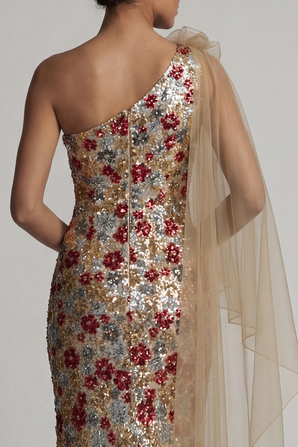 Sparkly Red Ruffled Sequin Floral Mermaid Long Mother of the Bride Dress with Side Cape