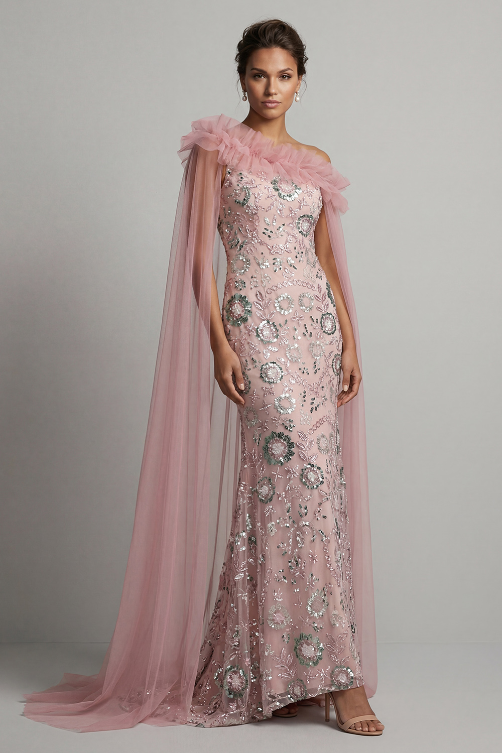 Sparkly Pink Beaded Ruffled Mermaid Long Mother of the Bride Dress with Cape
