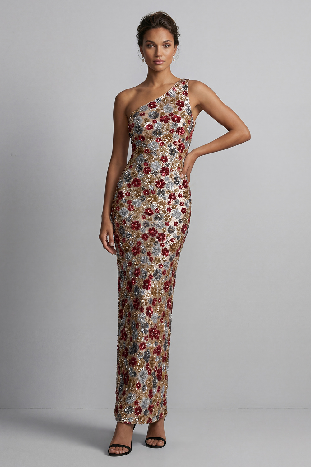 Sparkly Red Sequin One Shoulder Floral Mermaid Long Mother of the Bride Dress