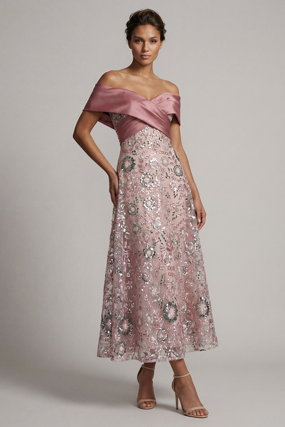 Sparkly Pink A Line Long Off the Shoulder Beaded Mother of the Bride Dress