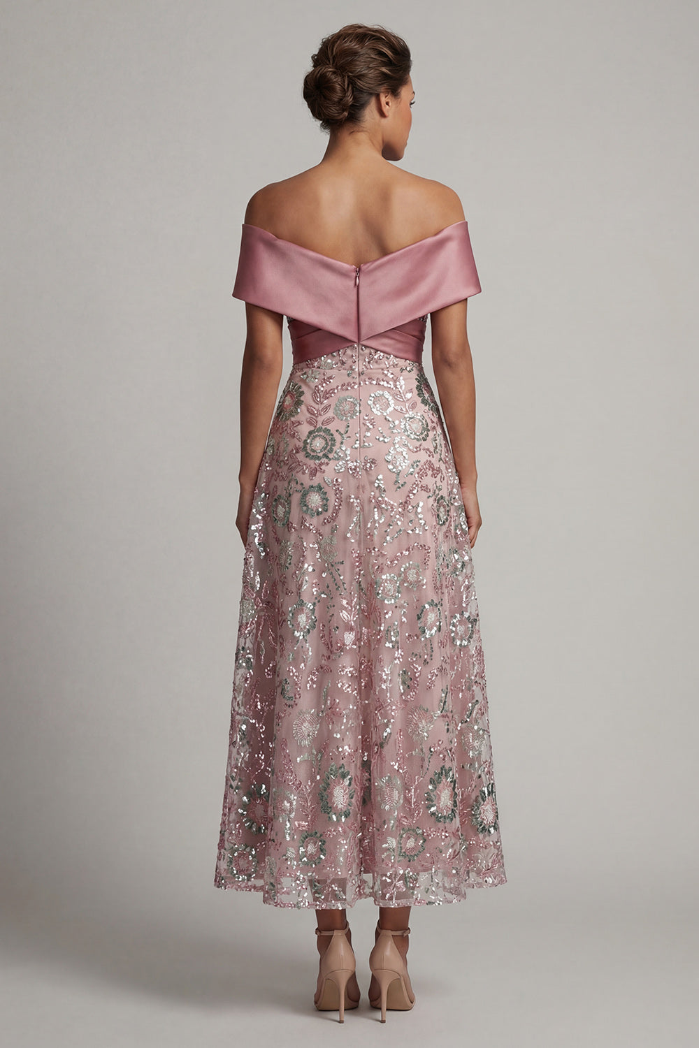 Sparkly Pink A Line Long Off the Shoulder Beaded Mother of the Bride Dress