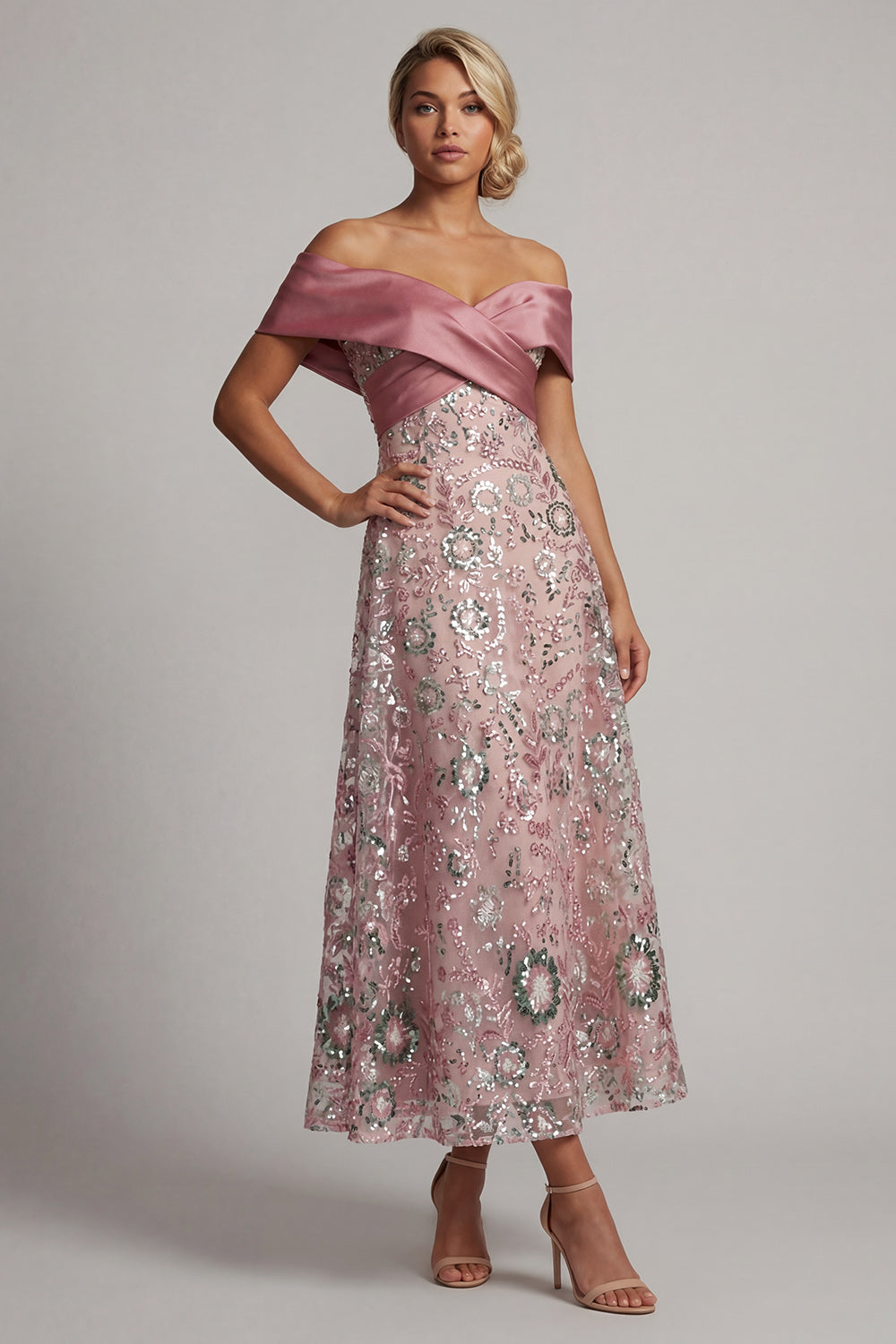 Sparkly Pink A Line Long Off the Shoulder Beaded Mother of the Bride Dress