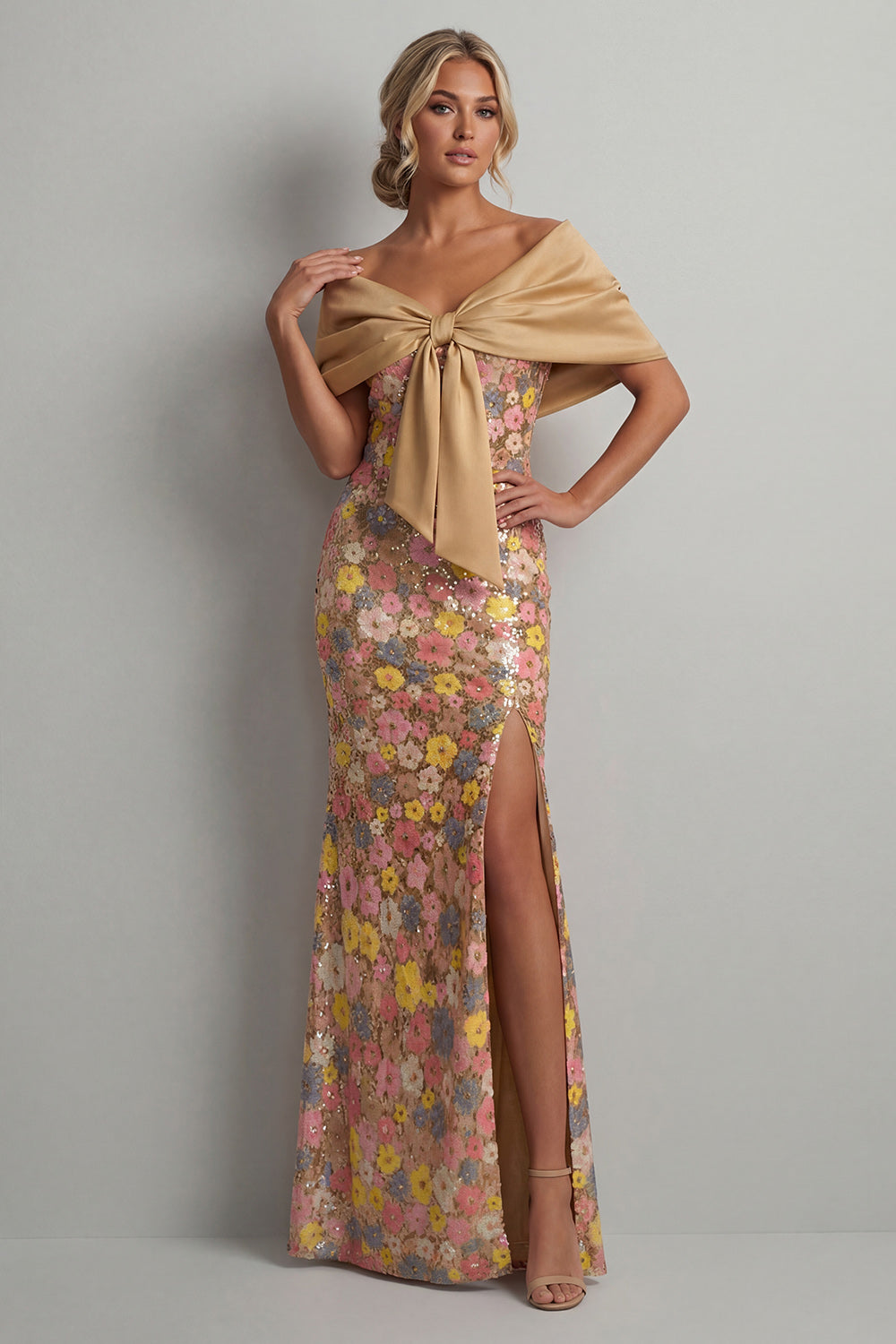 Sparkly Yellow Floral Mermaid Long Mother of the Bride Dress with Slit
