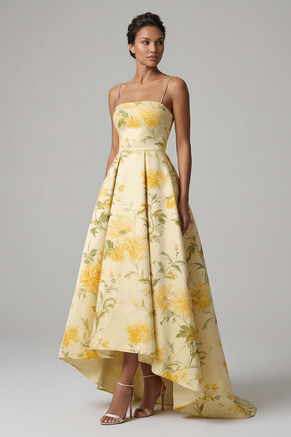 Yellow Floral Spaghetti Straps Butter A Line High Low Mother of the Bride Dress