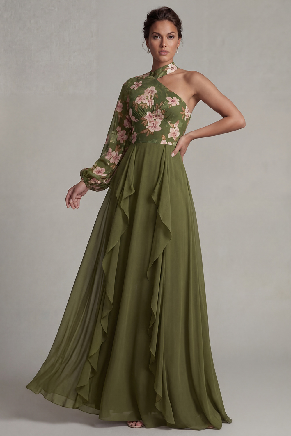 Eucalyptus Floral A Line Long Sleeves Mother of the Bride Dress with Ruffles