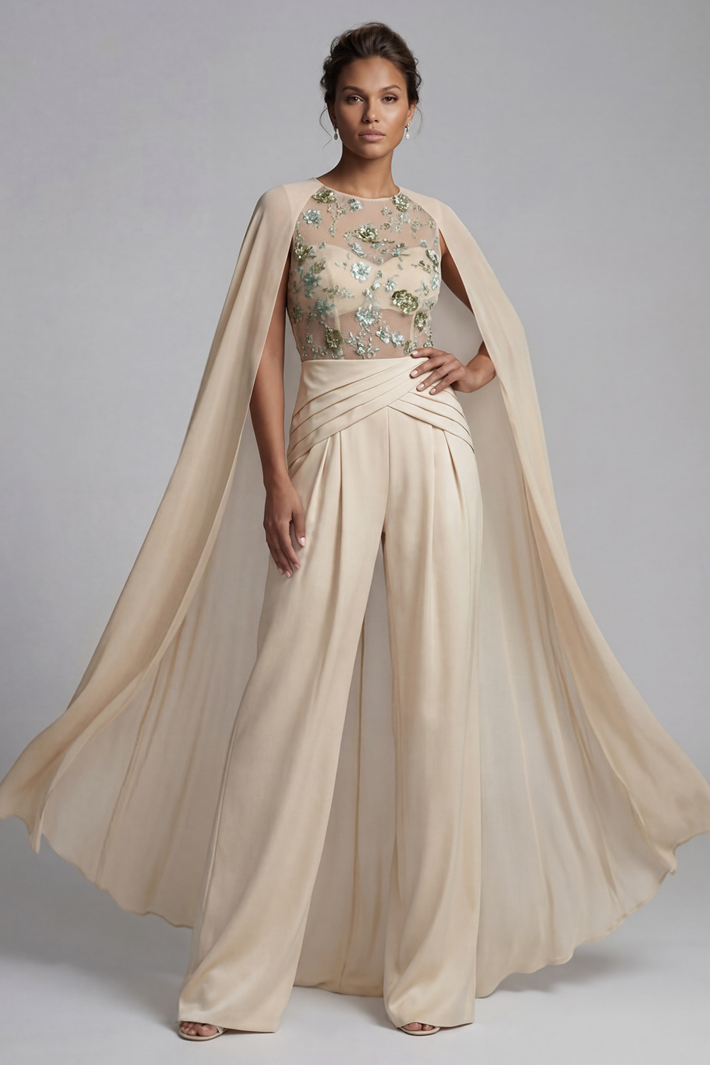 Champagne Ruched Floral Mother of the Bride Jumpsuits with Cape