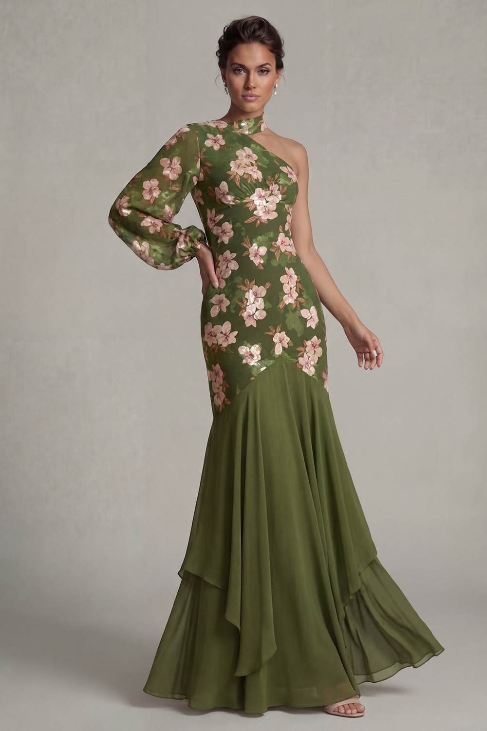 Sparkly Eucalyptus Floral Mermaid Long Mother of the Bride Dress with Ruffles