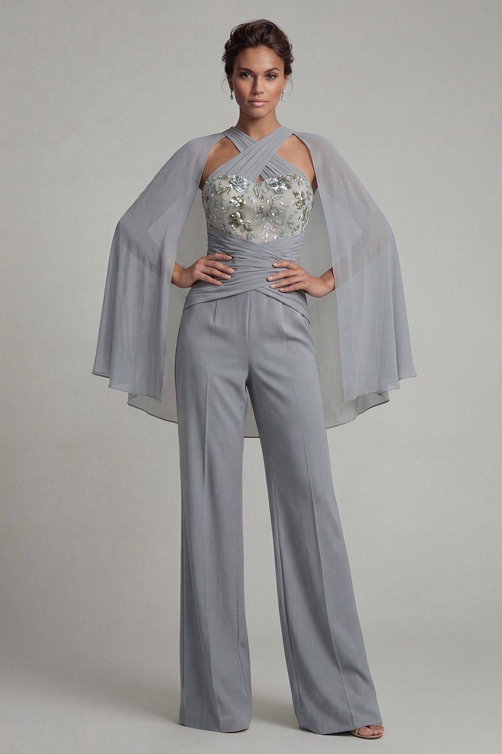 Sparkly Grey Blue Floral Ruched Halter Mother of the Bride Jumpsuits with Cape
