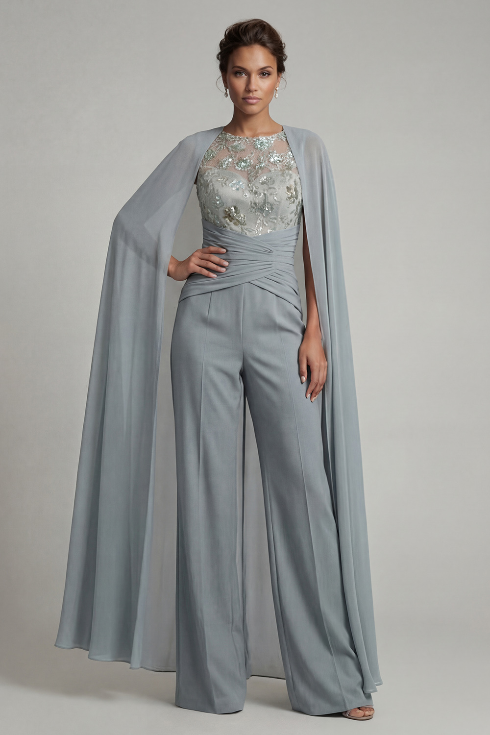 Sparkly Grey Blue Floral Boat Neck Ruched Mother of the Bride Jumpsuits with Cape