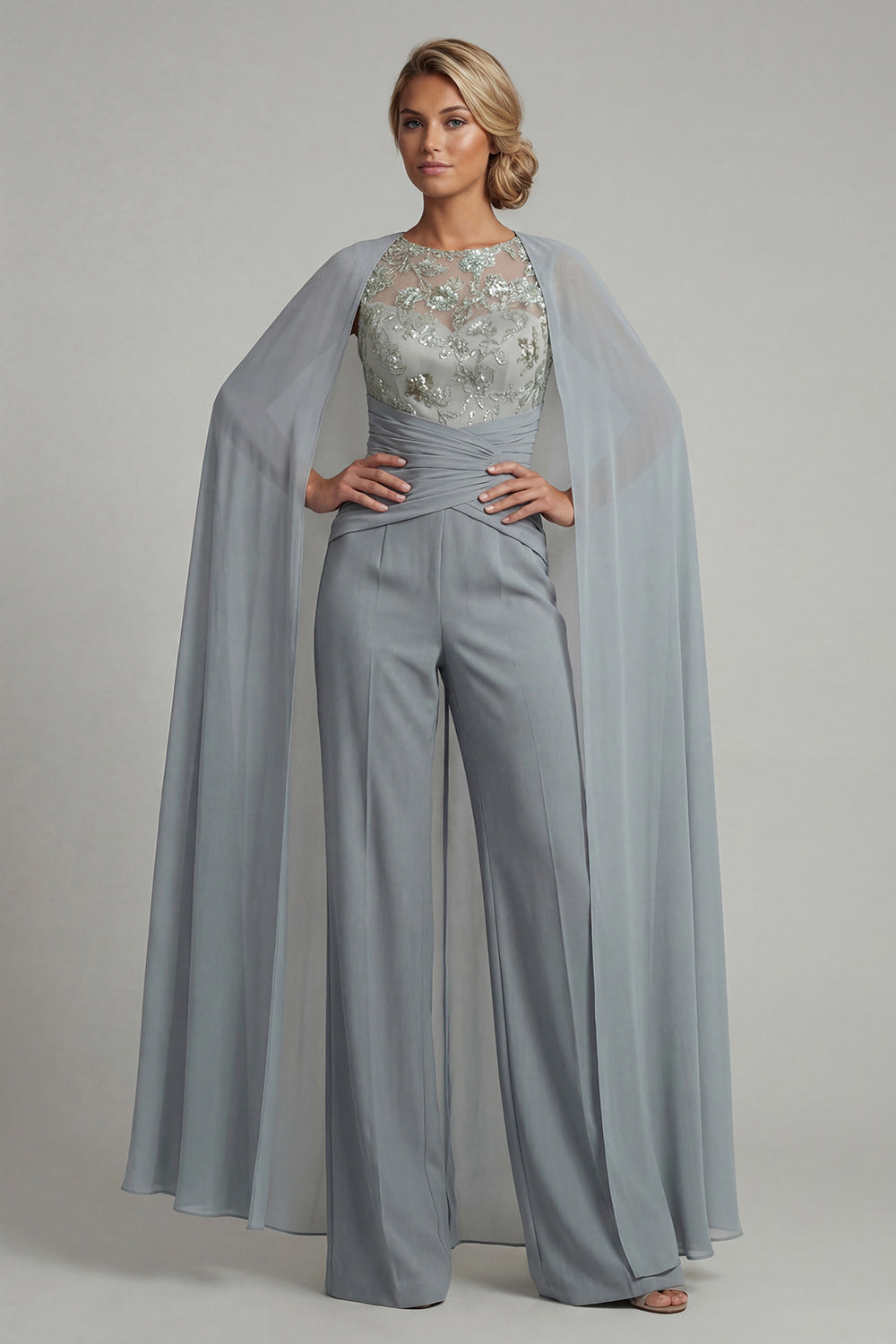 Sparkly Grey Blue Floral Boat Neck Ruched Mother of the Bride Jumpsuits with Cape