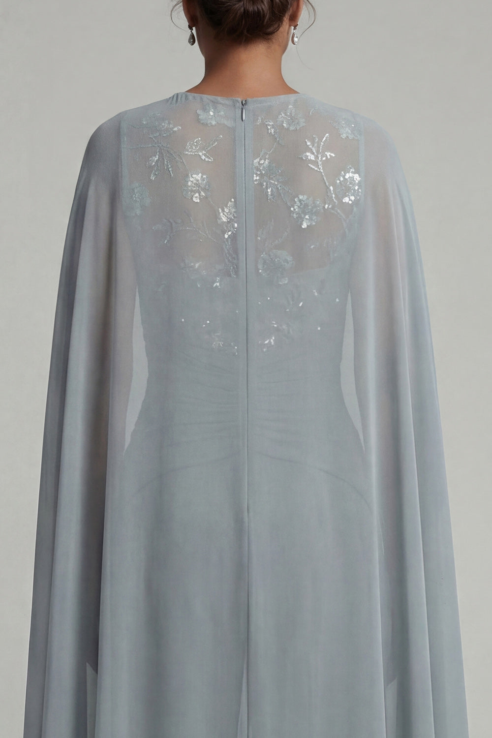 Sparkly Grey Blue Floral Boat Neck Ruched Mother of the Bride Jumpsuits with Cape