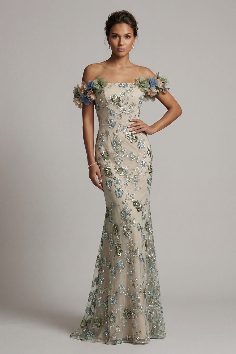 Sparkly Dusty Sage Beaded Mermaid Long Floral Mother of the Bride Dress