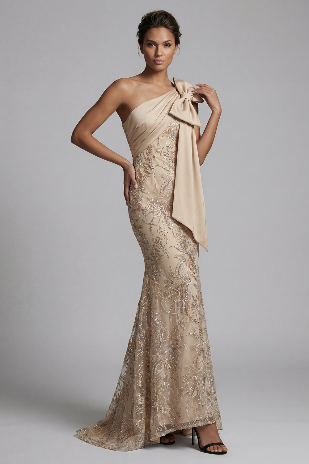 Sparkly Champagne Mermaid Long Beaded Floral Mother of the Bride Dress with Bow