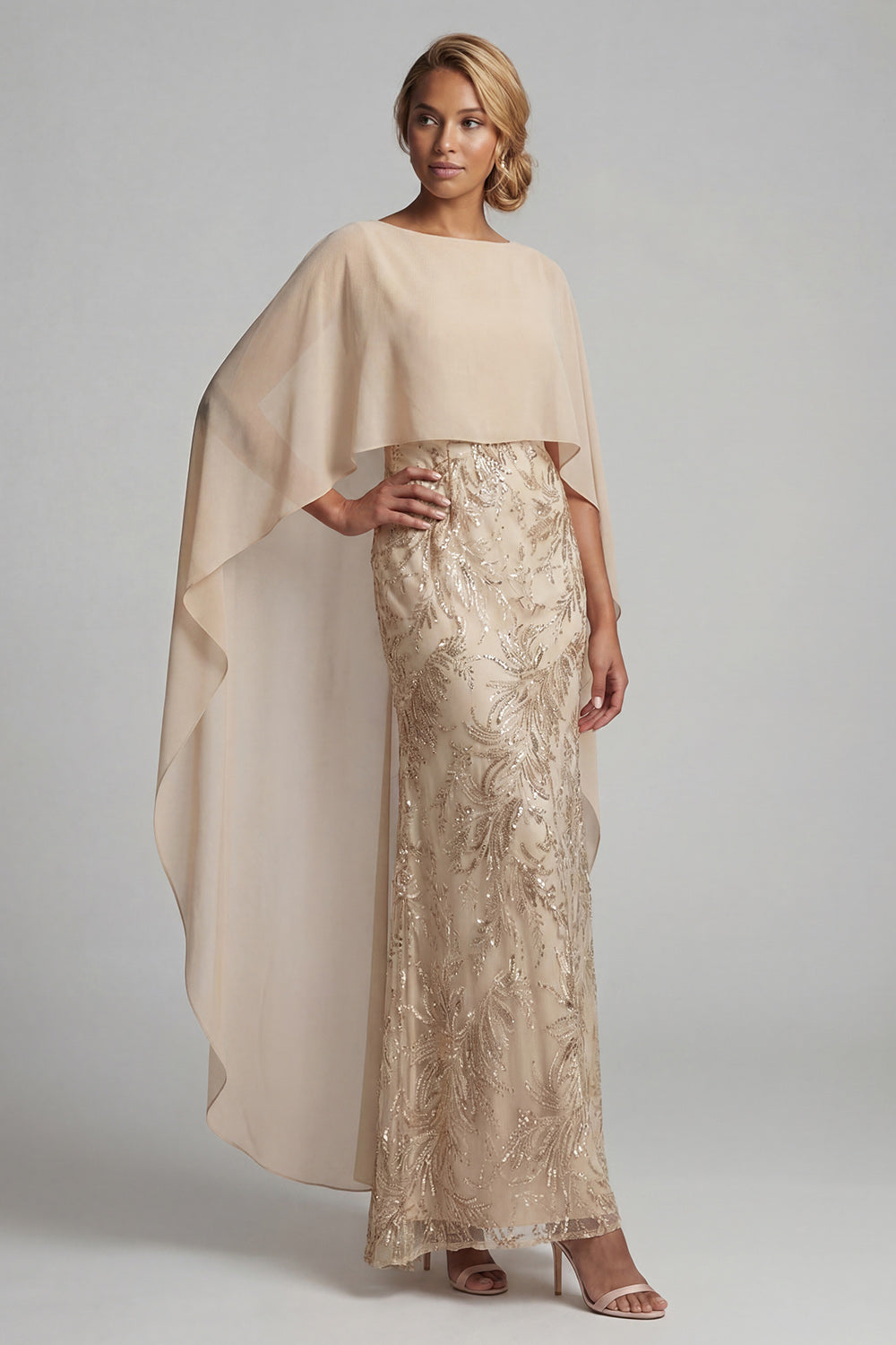Sparkly Champagne Beaded Floral Long Mermaid Mother of the Bride Dress with Cape