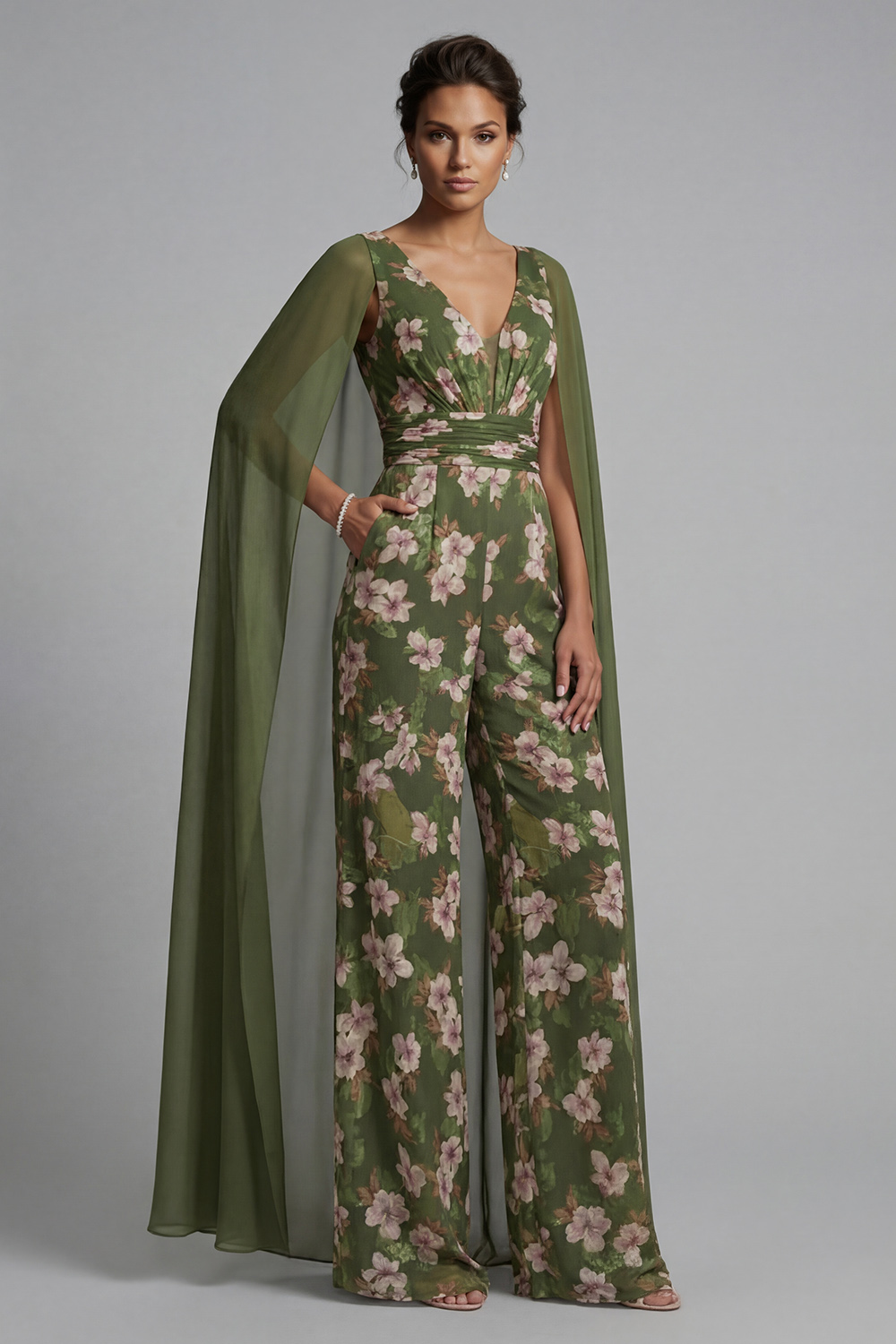 Eucalyptus Floral V-Neck Ruched Mother of the Bride Jumpsuits with Pockets