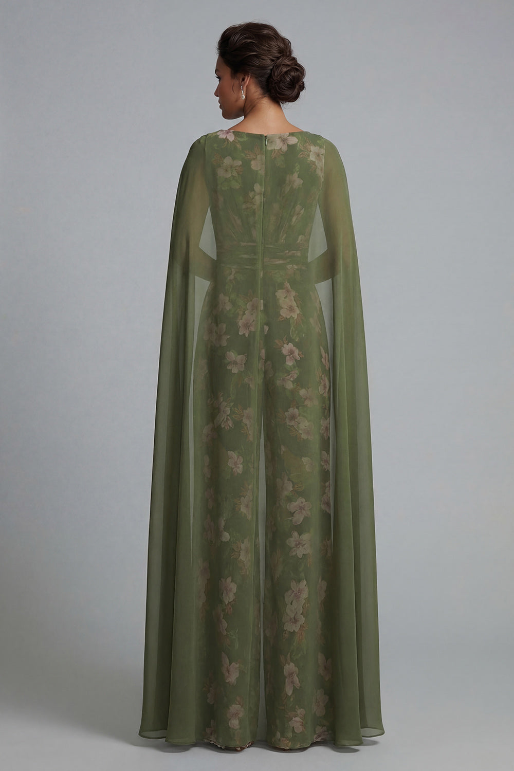 Eucalyptus Floral V-Neck Ruched Mother of the Bride Jumpsuits with Pockets