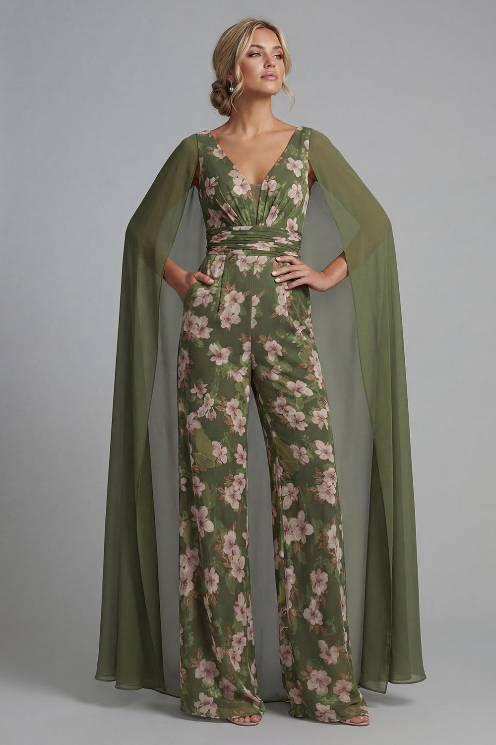 Eucalyptus Floral V-Neck Ruched Mother of the Bride Jumpsuits with Pockets
